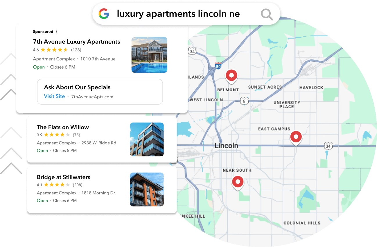 Sponsored listing of apartment's Google Business Profile rising above competing apartment communities in the search results.